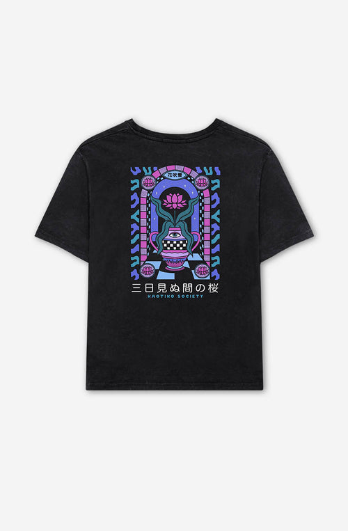 Verwaschenes schwarzes Lotus Door T-Shirt